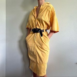 80s Cherokee Yellow Denim Midi Dress with Front Pockets & Collar